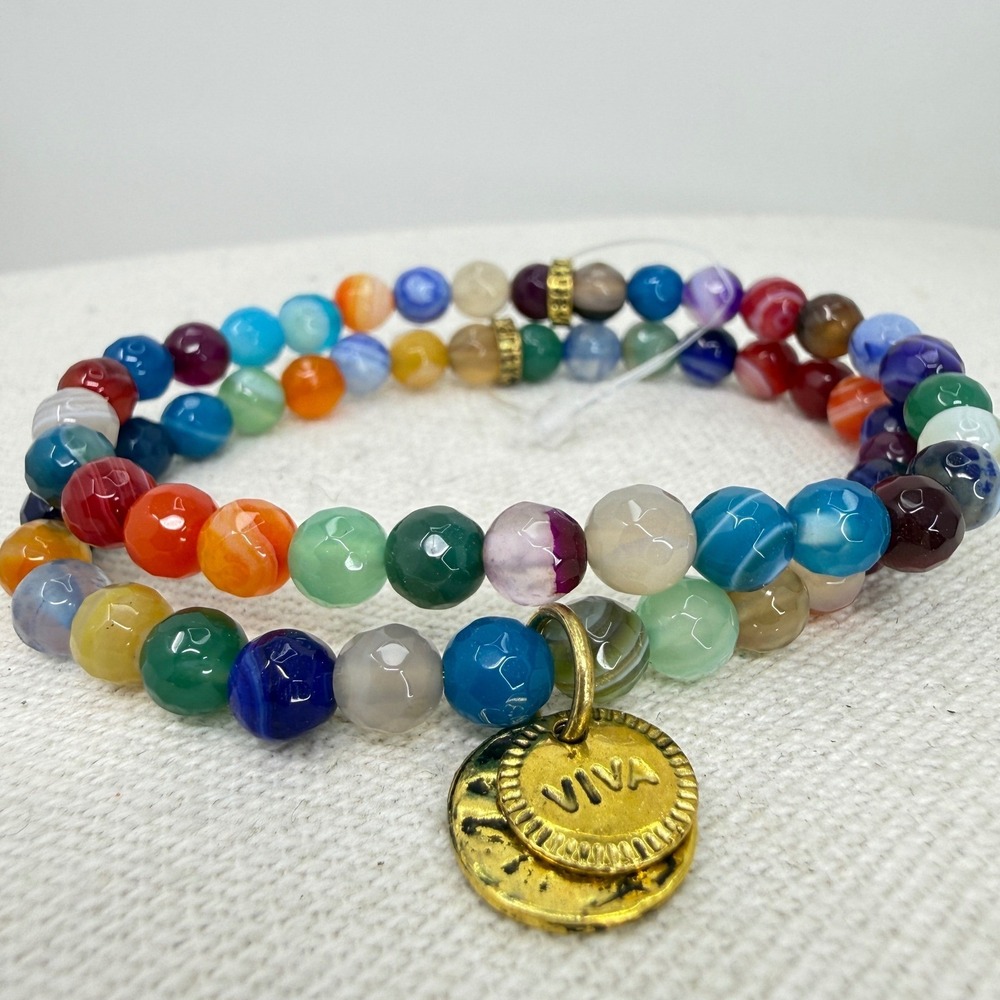 Chavez for Charity Rainbow Gemstone Beaded Stretch Bracelets Gold Tone Agate